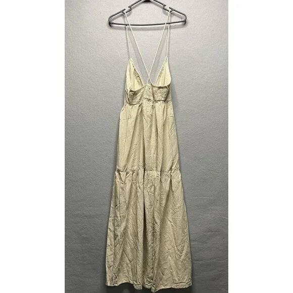 Sim & Sam Beige Halter Midi Dress Rayon & Linen Milkmaid Style Size M - Picture 4 of 6